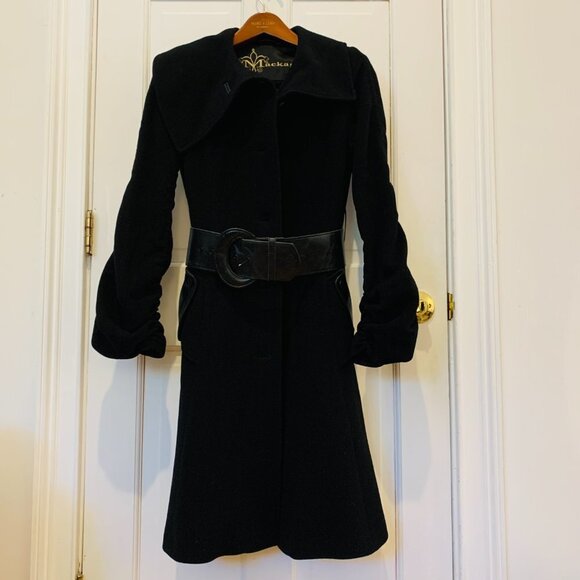 Mackage Coat Black Wool Cashmere Blend Leather Belt Trim Womens Size XS - Picture 1 of 16